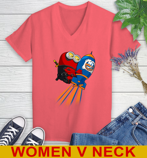 NHL Hockey New York Islanders Deadpool Minion Marvel Shirt Women's V-Neck T-Shirt 6