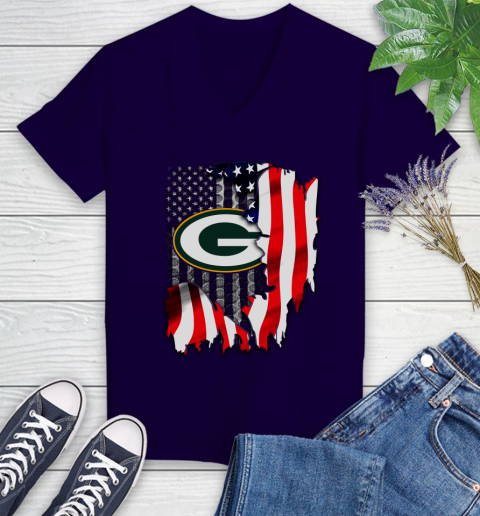 Green Bay Packers NFL Football American Flag Women's V-Neck T-Shirt 3