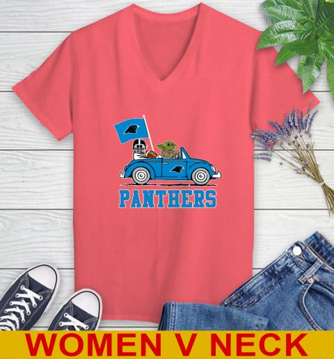 NFL Football Carolina Panthers Darth Vader Baby Yoda Driving Star Wars Shirt Women's V-Neck T-Shirt 7