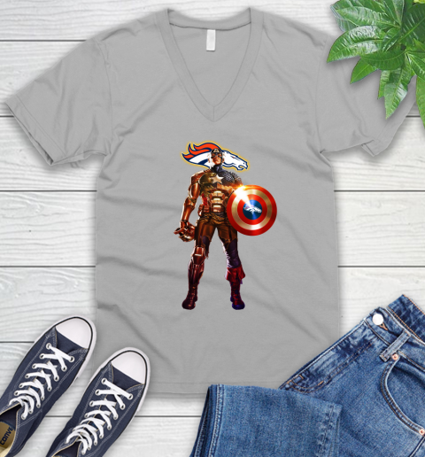 NFL Captain America Marvel Avengers Endgame Football Sports Denver Broncos V-Neck T-Shirt 4