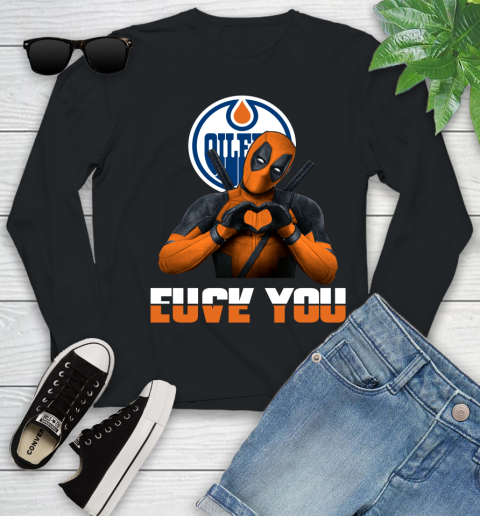 NHL Edmonton Oilers Deadpool Love You Fuck You Hockey Sports Youth Long Sleeve