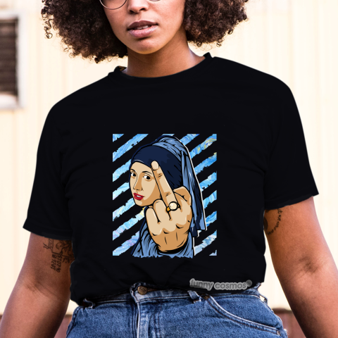 Air Jordan 1 Obsidian UNC Matching Sneaker Tshirt The girl With The Pearl Earing Middle Finger Blue and white Jordan Tshirt