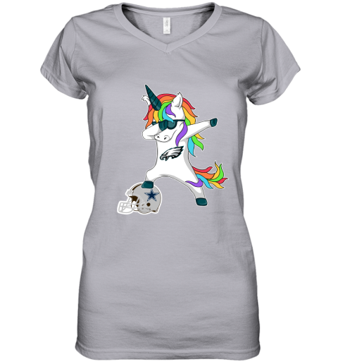 Football Dabbing Unicorn Steps On Helmet Philadelphia Eagles Women's V-Neck T-Shirt