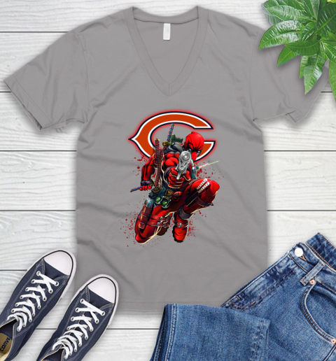 NFL Deadpool Marvel Comics Sports Football Chicago Bears V-Neck T-Shirt 4