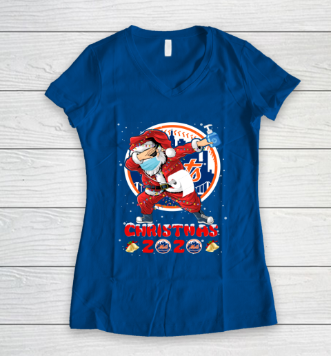 New York Mets Funny Santa Claus Dabbing Christmas 2020 MLB Women's V-Neck T-Shirt 7