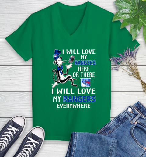 NHL Hockey New York Rangers I Will Love My Rangers Everywhere Dr Seuss Shirt Women's V-Neck T-Shirt 4