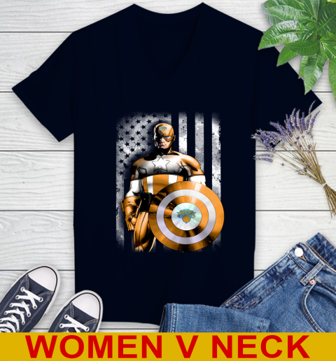 New York Knicks NBA Basketball Captain America Marvel Avengers American Flag Shirt Women's V-Neck T-Shirt 2