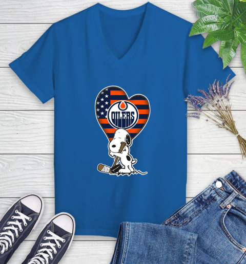 Edmonton Oilers NHL Hockey The Peanuts Movie Adorable Snoopy Women's V-Neck T-Shirt 10