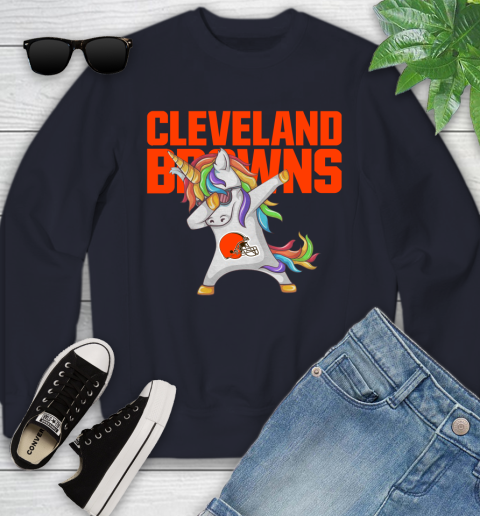 Cleveland Browns NFL Football Funny Unicorn Dabbing Sports Youth Sweatshirt 3