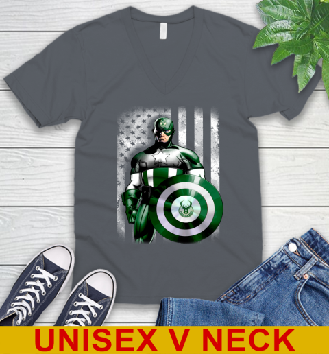 Milwaukee Bucks NBA Basketball Captain America Marvel Avengers American Flag Shirt V-Neck T-Shirt 4