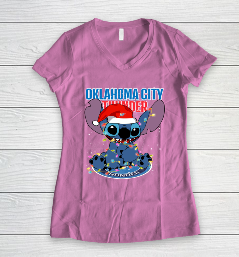 Oklahoma City Thunder NBA noel stitch Basketball Christmas Women's V-Neck T-Shirt 8