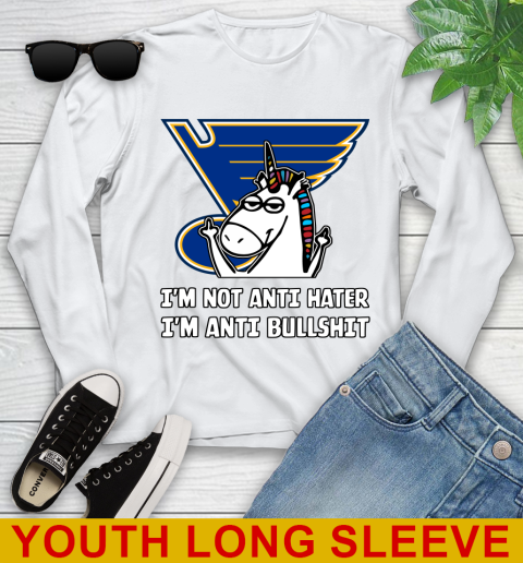 St.Louis Blues NHL Hockey Unicorn I'm Not Anti Hater I'm Anti Bullshit Youth Long Sleeve