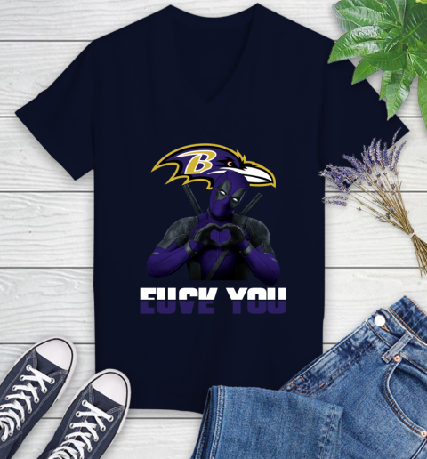 NHL Baltimore Ravens Deadpool Love You Fuck You Football Sports Women's V-Neck T-Shirt 2