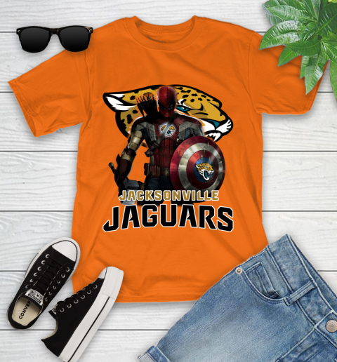 NFL Captain America Thor Spider Man Hawkeye Avengers Endgame Football Jacksonville Jaguars Youth T-Shirt 7