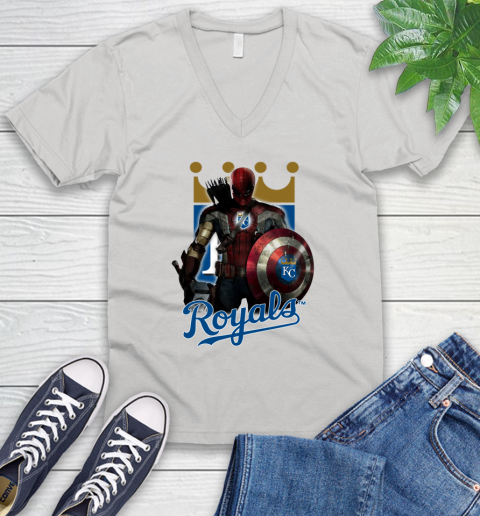 MLB Captain America Thor Spider Man Hawkeye Avengers Endgame Baseball Kansas City Royals V-Neck T-Shirt