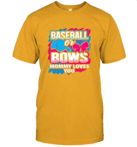 owpk baseball or bows mommy loves you gender reveal pink or blue jersey t shirt 60 front gold