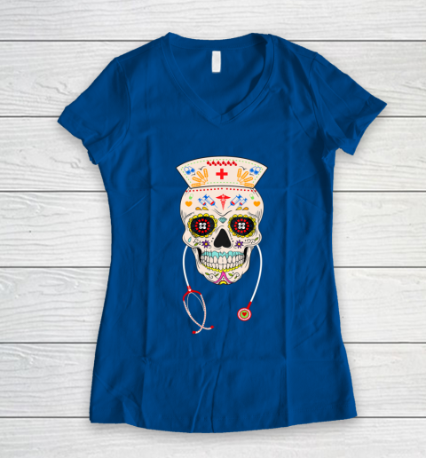 Nurse Sugar Skull Shirt Halloween Day Of The Dead Dia De Los Women's V-Neck T-Shirt 7