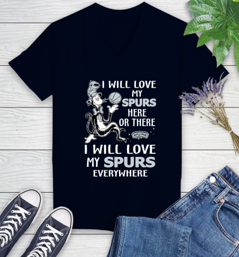 NBA Basketball San Antonio Spurs I Will Love My Spurs Everywhere Dr Seuss Shirt Women's V-Neck T-Shirt 2
