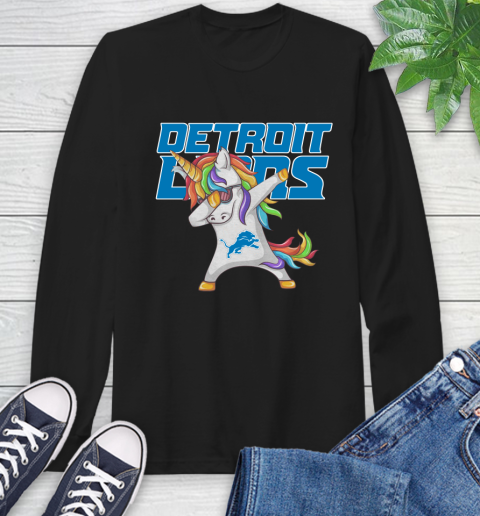 Detroit Lions NFL Football Funny Unicorn Dabbing Sports Long Sleeve T-Shirt 2
