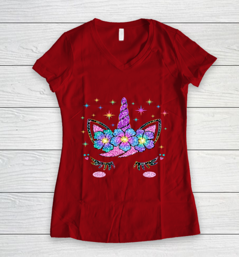 Unicorn Costume Rainbow Face Girls Women's V-Neck T-Shirt 6