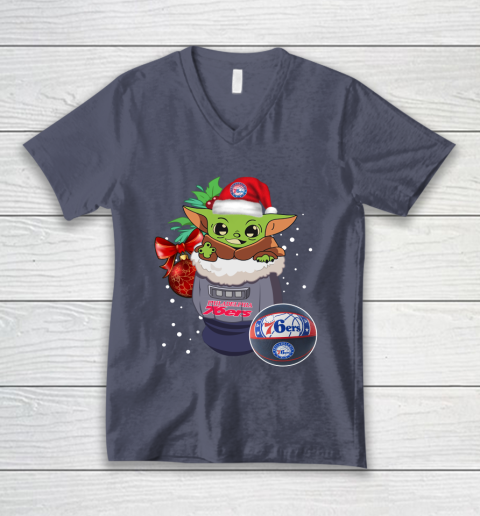 Philadelphia 76ers Christmas Baby Yoda Star Wars Funny Happy NBA V-Neck T-Shirt 8