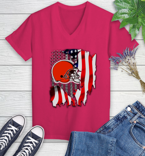 Cleveland Browns NFL Football American Flag Women's V-Neck T-Shirt - Image 10