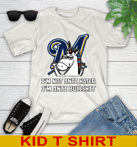 Milwaukee Brewers MLB Baseball Unicorn I'm Not Anti Hater I'm Anti Bullshit Youth T-Shirt
