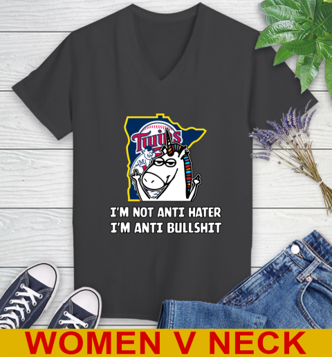 Minnesota Twins MLB Baseball Unicorn I'm Not Anti Hater I'm Anti Bullshit Women's V-Neck T-Shirt 9