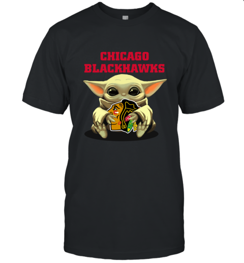 Baby Yoda Hugs The Chicago Blackhawks Ice Hockey Unisex Jersey Tee