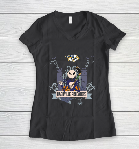 NHL Nashville Predators Hockey Jack Skellington Halloween Women's V-Neck T-Shirt 6