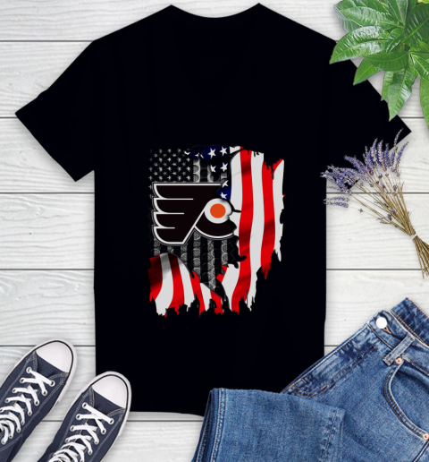 Philadelphia Flyers NHL Hockey American Flag Women's V-Neck T-Shirt