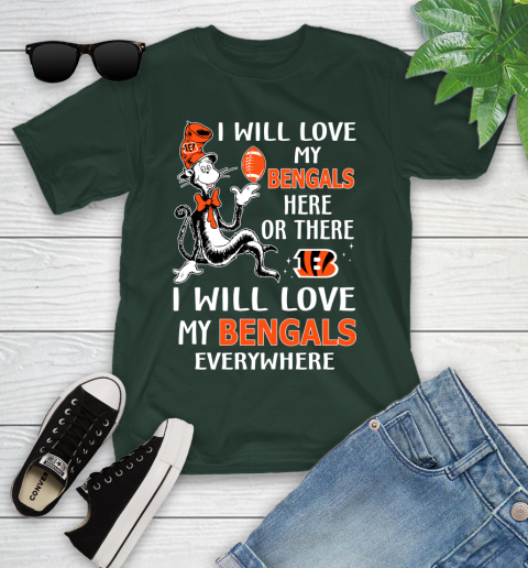 NFL Football Cincinnati Bengals I Will Love My Bengals Everywhere Dr Seuss Shirt Youth T-Shirt 4