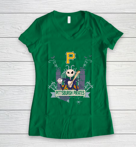 MLB Pittsburgh Pirates Baseball Jack Skellington Halloween Women's V-Neck T-Shirt 3