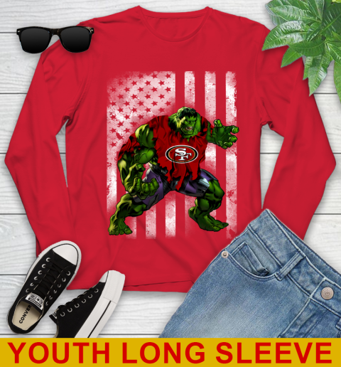 San Francisco 49ers Hulk Marvel Avengers NFL Football American Flag Youth Long Sleeve 11