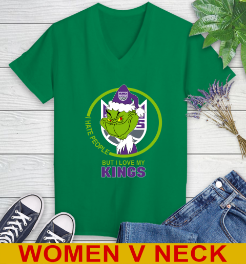 Sacramento Kings NBA Christmas Grinch I Hate People But I Love My Favorite Basketball Team Women's V-Neck T-Shirt 6