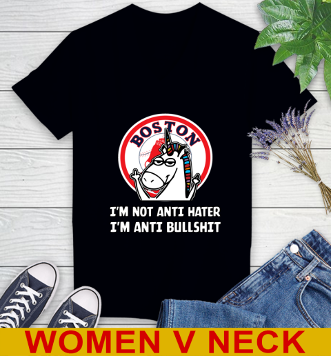 Boston Red Sox MLB Baseball Unicorn I'm Not Anti Hater I'm Anti Bullshit Women's V-Neck T-Shirt 2