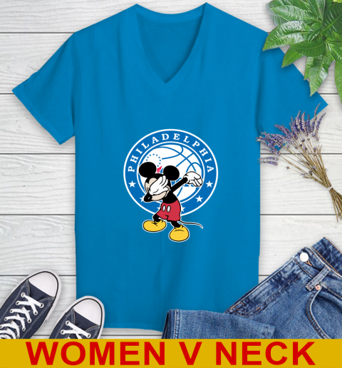 Philadelphia 76ers NBA Basketball Dabbing Mickey Disney Sports Women's V-Neck T-Shirt 8