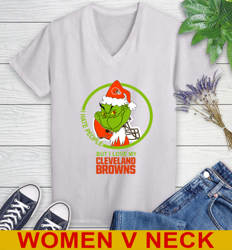 Cleveland Browns NFL Christmas Grinch I Hate People But I Love My Favorite Football Team Women's V-Neck T-Shirt