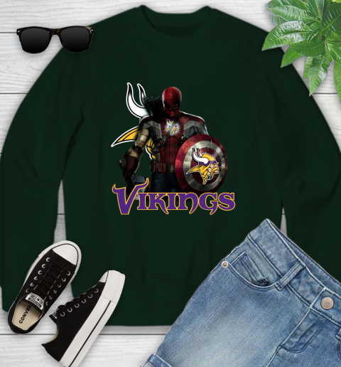 NFL Captain America Thor Spider Man Hawkeye Avengers Endgame Football Minnesota Vikings Youth Sweatshirt 10