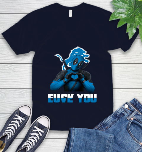 NHL Detroit Lions Deadpool Love You Fuck You Football Sports V-Neck T-Shirt 2