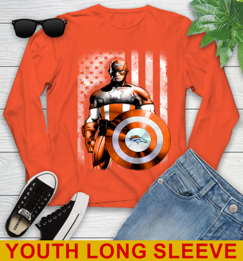 Denver Broncos NFL Football Captain America Marvel Avengers American Flag Shirt Youth Long Sleeve 3
