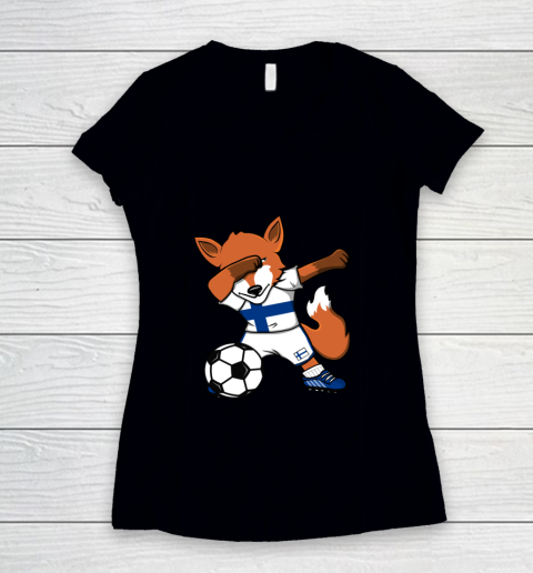 Dabbing Fox Finland Soccer Fan Jersey Finnish Football Lover Women's V-Neck T-Shirt