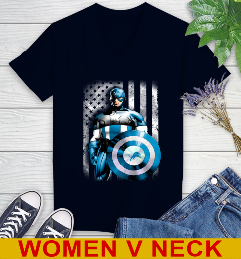 Detroit Lions NFL Football Captain America Marvel Avengers American Flag Shirt Women's V-Neck T-Shirt 2