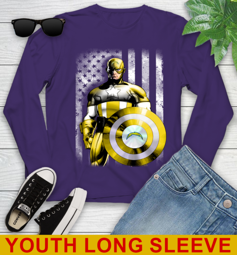 Los Angeles Chargers NFL Football Captain America Marvel Avengers American Flag Shirt Youth Long Sleeve 4