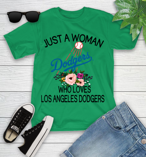 MLB Just A Woman Who Loves Los Angeles Dodgers Baseball Sports Youth T-Shirt 3