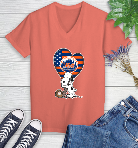 New York Mets MLB Baseball The Peanuts Movie Adorable Snoopy Women's V-Neck T-Shirt 6