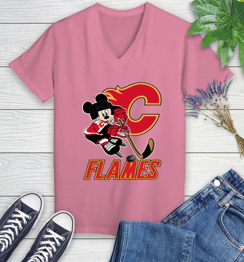 NHL Calgary Flames Mickey Mouse Disney Hockey T Shirt Women's V-Neck T-Shirt 13