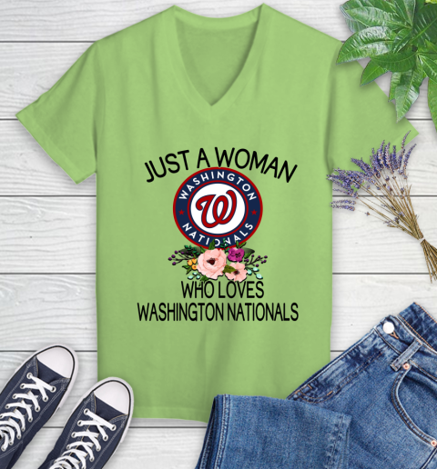 MLB Just A Woman Who Loves Washington Nationals Baseball Sports Women's V-Neck T-Shirt 6