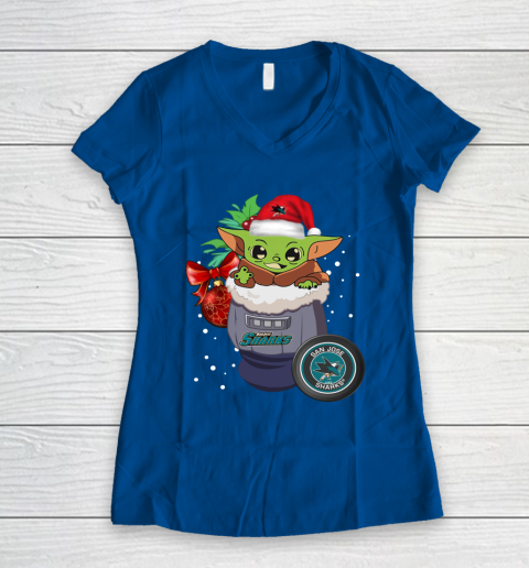 San Jose Sharks Christmas Baby Yoda Star Wars Funny Happy NHL Women's V-Neck T-Shirt 9