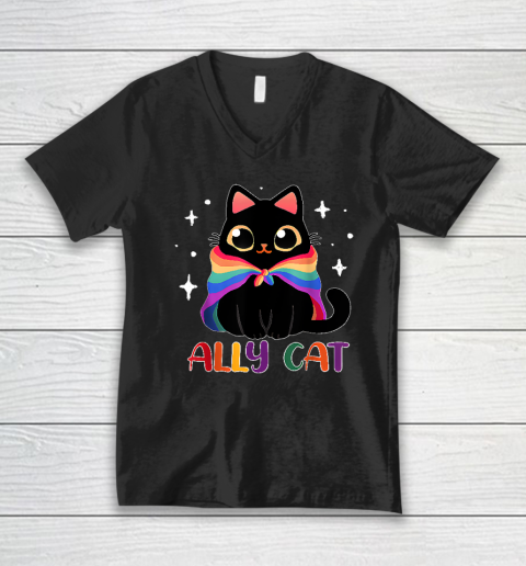 Ally Cat LGBT Gay Rainbow Pride Flag Funny Cat Lover V-Neck T-Shirt